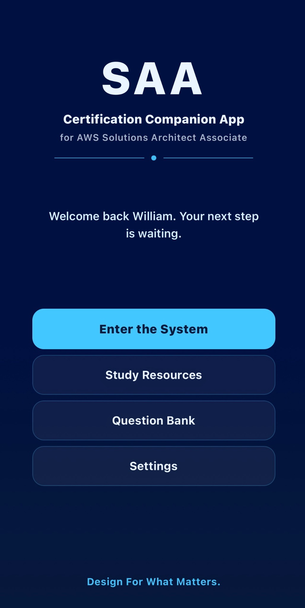 AWS SAA Companion App welcome screen