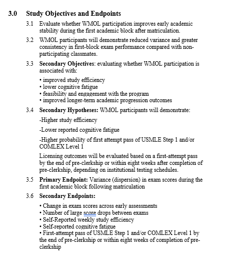 WMOL pilot study design endpoints